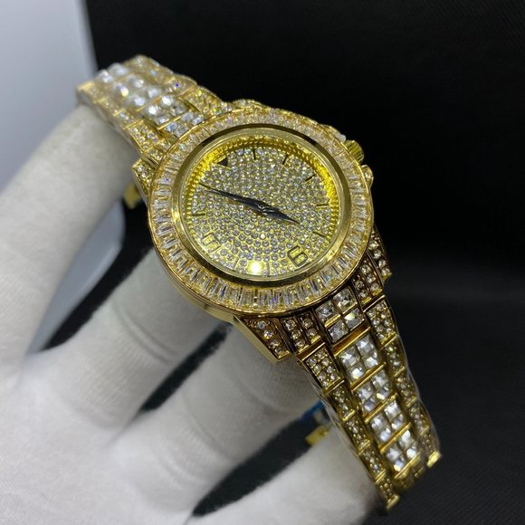 Unisex Model Iced Out Gold Color Watch - Picture 7 of 10